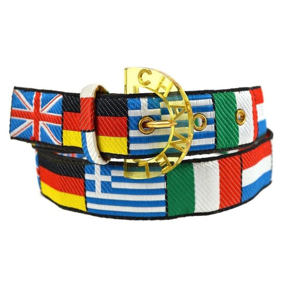 AUTH CHANEL CC Logos National Flag Buckle Belt Canvas 70/28 95C Multi Color - Picture 1 of 7